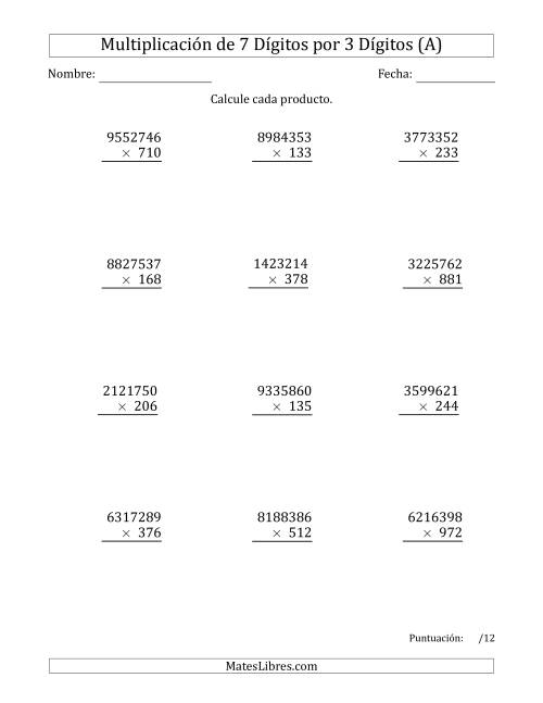 La hoja de ejercicios de Multiplicar Números de 7 Dígitos por 3 Dígitos (A)