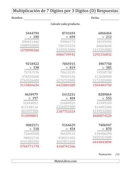 La hoja de ejercicios de Multiplicar Números de 7 Dígitos por 3 Dígitos (D) Página 2