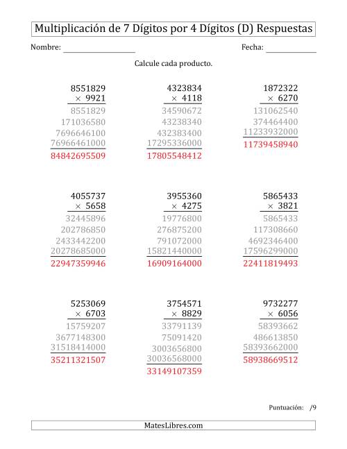 La hoja de ejercicios de Multiplicar Números de 7 Dígitos por 4 Dígitos (D) Página 2