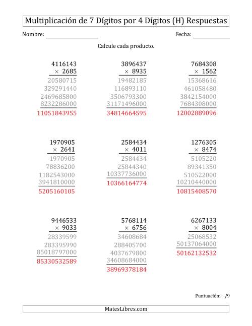 La hoja de ejercicios de Multiplicar Números de 7 Dígitos por 4 Dígitos (H) Página 2