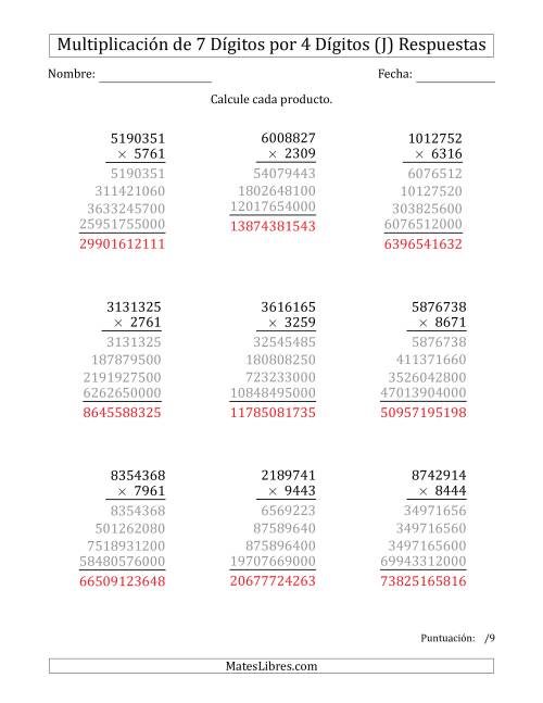 La hoja de ejercicios de Multiplicar Números de 7 Dígitos por 4 Dígitos (J) Página 2
