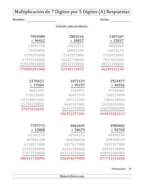 La hoja de ejercicios de Multiplicar Números de 7 Dígitos por 5 Dígitos (A) Página 2
