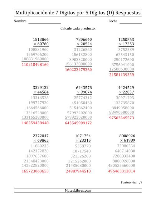 La hoja de ejercicios de Multiplicar Números de 7 Dígitos por 5 Dígitos (D) Página 2