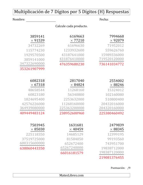 La hoja de ejercicios de Multiplicar Números de 7 Dígitos por 5 Dígitos (H) Página 2