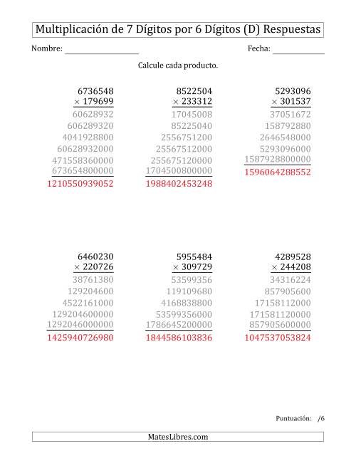 La hoja de ejercicios de Multiplicar Números de 7 Dígitos por 6 Dígitos (D) Página 2