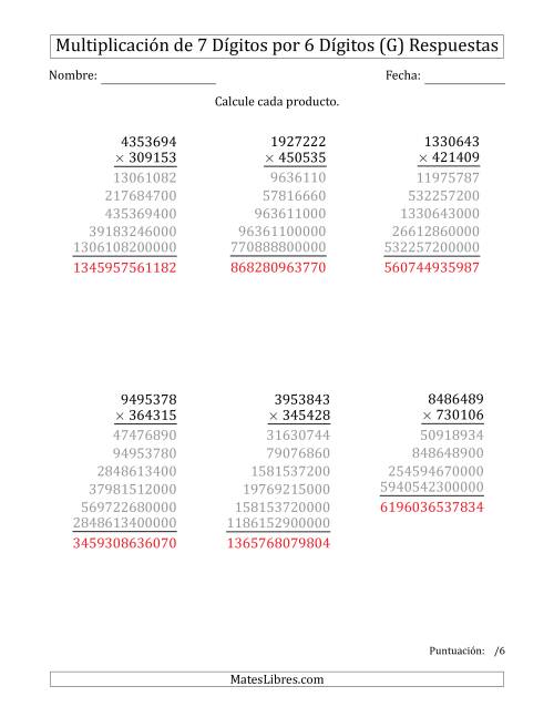 La hoja de ejercicios de Multiplicar Números de 7 Dígitos por 6 Dígitos (G) Página 2