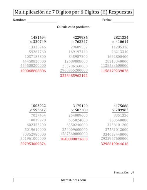 La hoja de ejercicios de Multiplicar Números de 7 Dígitos por 6 Dígitos (H) Página 2