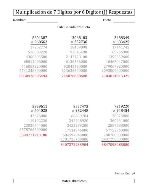 La hoja de ejercicios de Multiplicar Números de 7 Dígitos por 6 Dígitos (J) Página 2