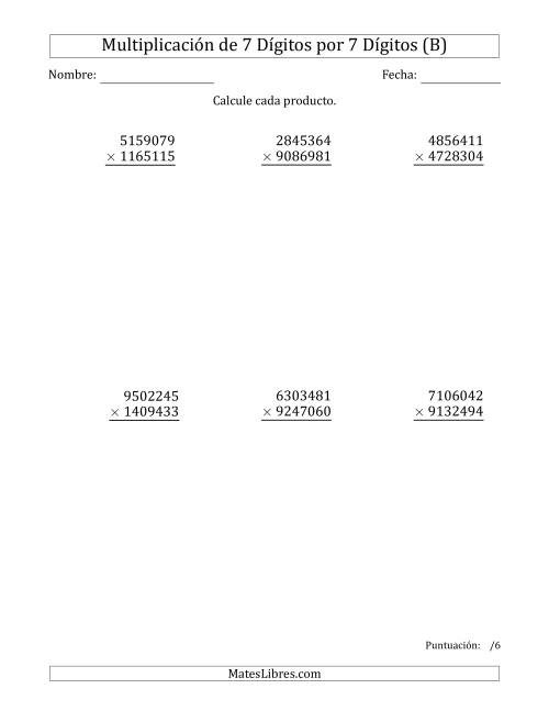 La hoja de ejercicios de Multiplicar Números de 7 Dígitos por 7 Dígitos (B)