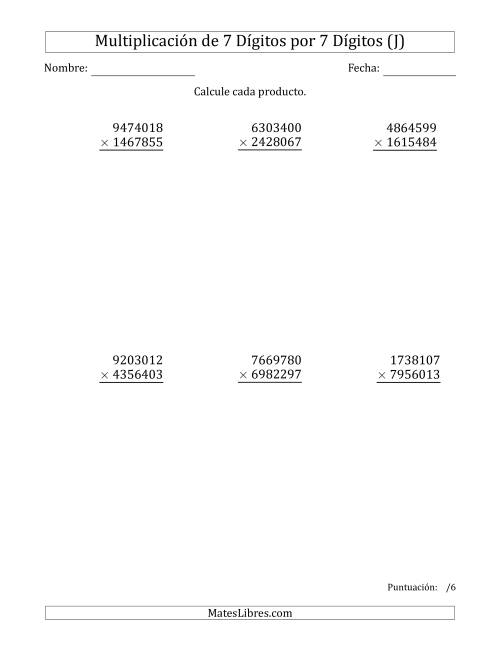 La hoja de ejercicios de Multiplicar Números de 7 Dígitos por 7 Dígitos (J)