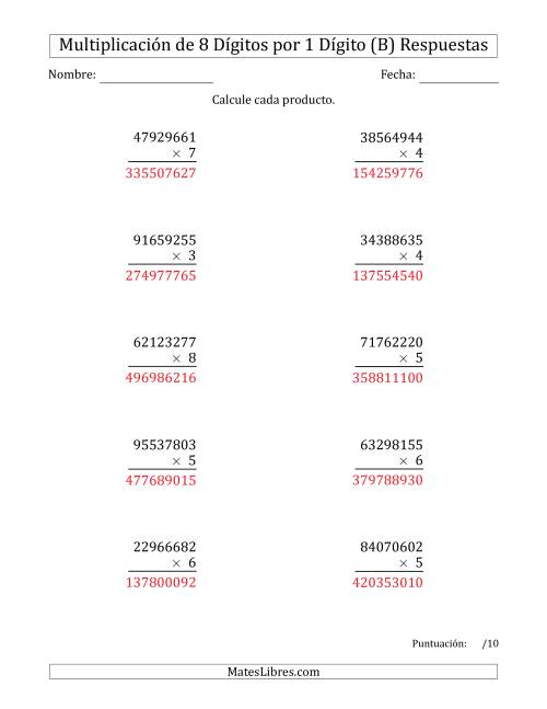La hoja de ejercicios de Multiplicar Números de 8 Dígitos por 1 Dígito (B) Página 2