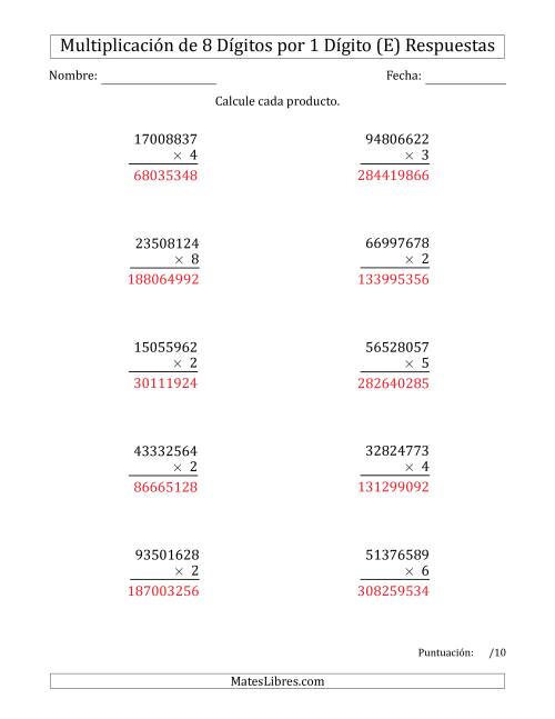 La hoja de ejercicios de Multiplicar Números de 8 Dígitos por 1 Dígito (E) Página 2