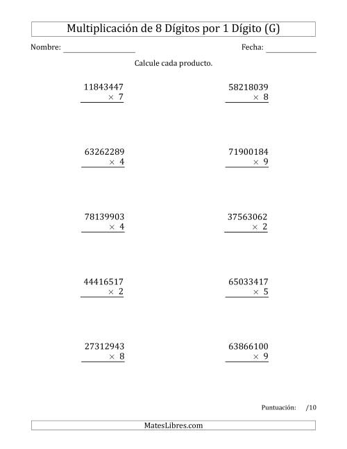 La hoja de ejercicios de Multiplicar Números de 8 Dígitos por 1 Dígito (G)