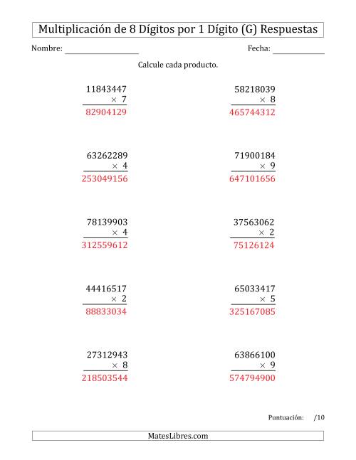 La hoja de ejercicios de Multiplicar Números de 8 Dígitos por 1 Dígito (G) Página 2