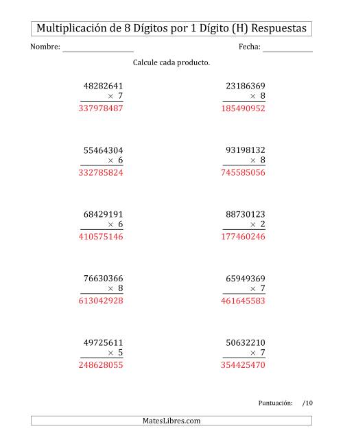 La hoja de ejercicios de Multiplicar Números de 8 Dígitos por 1 Dígito (H) Página 2
