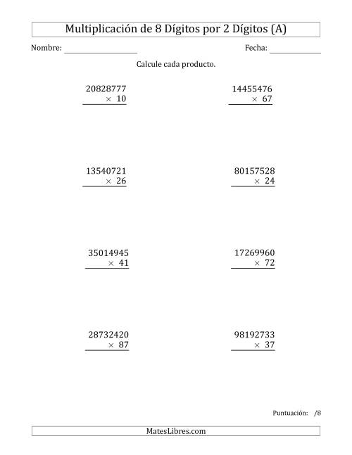 La hoja de ejercicios de Multiplicar Números de 8 Dígitos por 2 Dígitos (A)