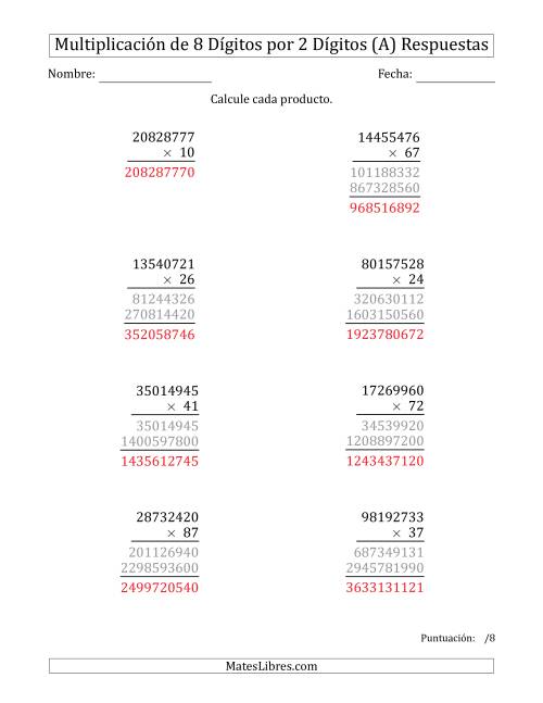 La hoja de ejercicios de Multiplicar Números de 8 Dígitos por 2 Dígitos (A) Página 2