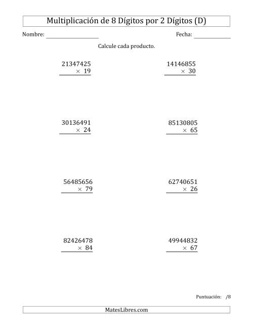 La hoja de ejercicios de Multiplicar Números de 8 Dígitos por 2 Dígitos (D)
