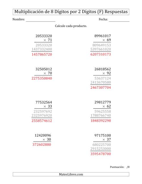 La hoja de ejercicios de Multiplicar Números de 8 Dígitos por 2 Dígitos (F) Página 2