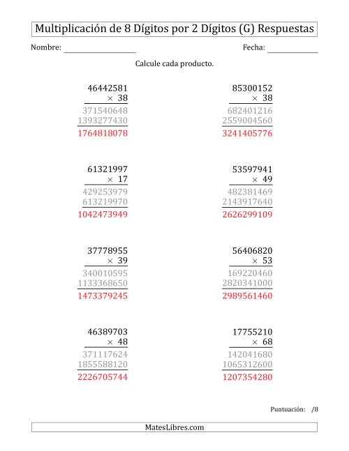 La hoja de ejercicios de Multiplicar Números de 8 Dígitos por 2 Dígitos (G) Página 2
