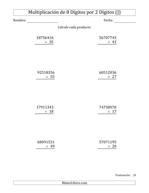 La hoja de ejercicios de Multiplicar Números de 8 Dígitos por 2 Dígitos (J)