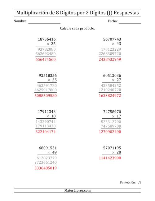 La hoja de ejercicios de Multiplicar Números de 8 Dígitos por 2 Dígitos (J) Página 2