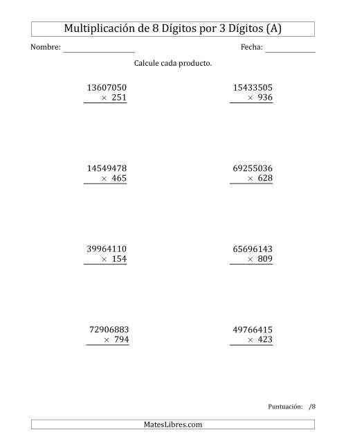 La hoja de ejercicios de Multiplicar Números de 8 Dígitos por 3 Dígitos (A)