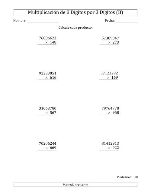 La hoja de ejercicios de Multiplicar Números de 8 Dígitos por 3 Dígitos (B)