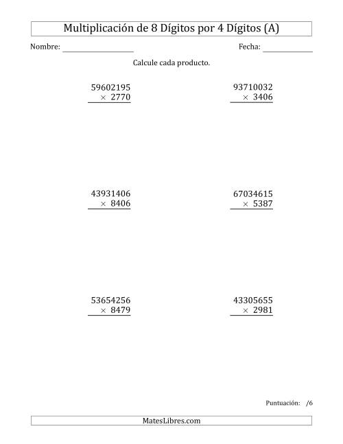 La hoja de ejercicios de Multiplicar Números de 8 Dígitos por 4 Dígitos (A)