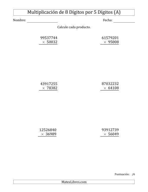 La hoja de ejercicios de Multiplicar Números de 8 Dígitos por 5 Dígitos (A)
