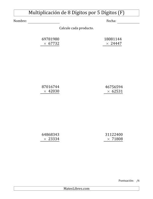 La hoja de ejercicios de Multiplicar Números de 8 Dígitos por 5 Dígitos (F)