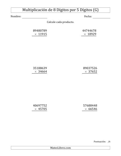 La hoja de ejercicios de Multiplicar Números de 8 Dígitos por 5 Dígitos (G)
