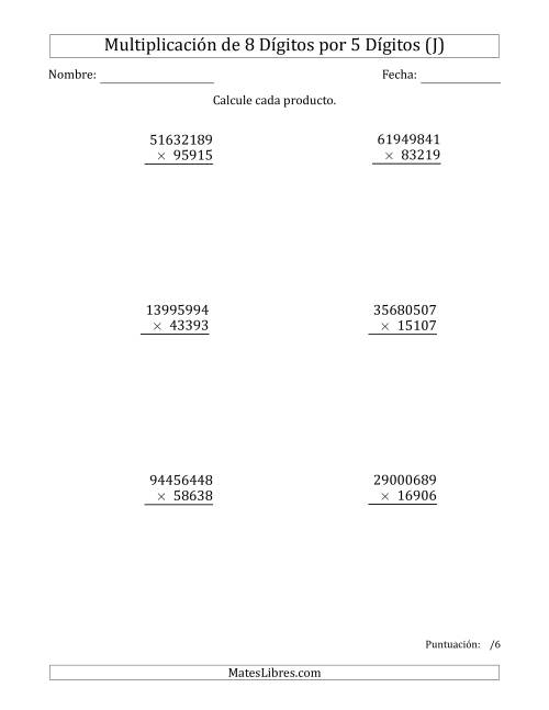 La hoja de ejercicios de Multiplicar Números de 8 Dígitos por 5 Dígitos (J)