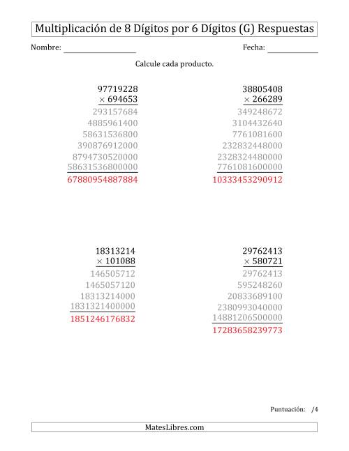 La hoja de ejercicios de Multiplicar Números de 8 Dígitos por 6 Dígitos (G) Página 2