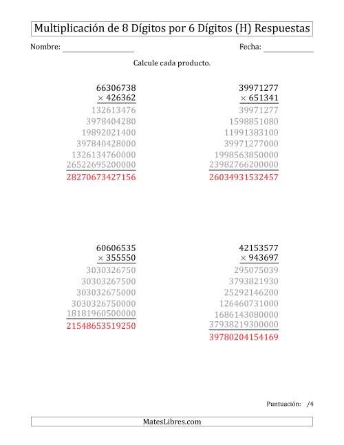 La hoja de ejercicios de Multiplicar Números de 8 Dígitos por 6 Dígitos (H) Página 2