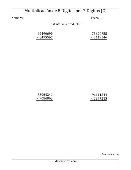 La hoja de ejercicios de Multiplicar Números de 8 Dígitos por 7 Dígitos (C)