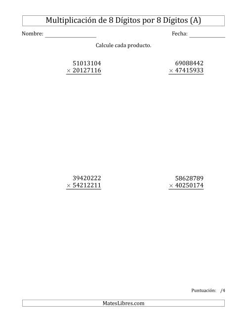 La hoja de ejercicios de Multiplicar Números de 8 Dígitos por 8 Dígitos (A)