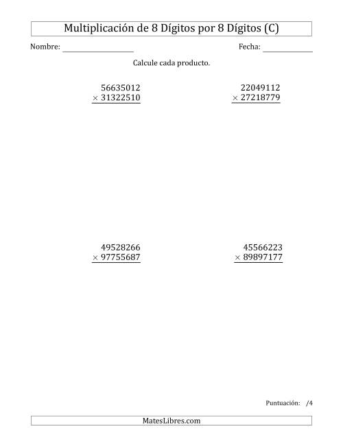 La hoja de ejercicios de Multiplicar Números de 8 Dígitos por 8 Dígitos (C)