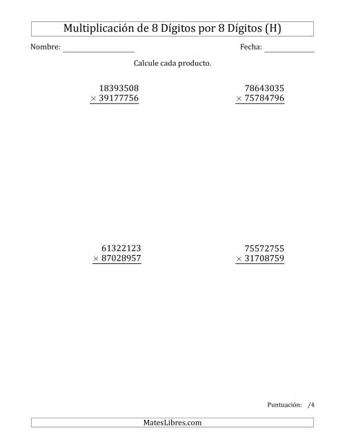 La hoja de ejercicios de Multiplicar Números de 8 Dígitos por 8 Dígitos (H)