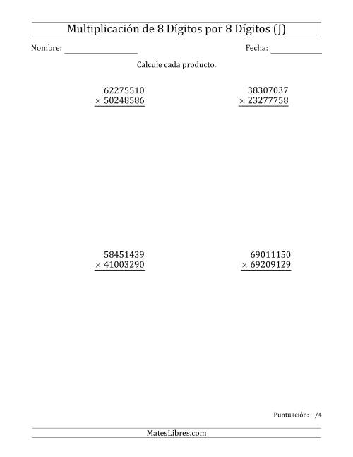 La hoja de ejercicios de Multiplicar Números de 8 Dígitos por 8 Dígitos (J)