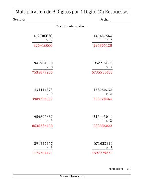 La hoja de ejercicios de Multiplicar Números de 9 Dígitos por 1 Dígito (C) Página 2
