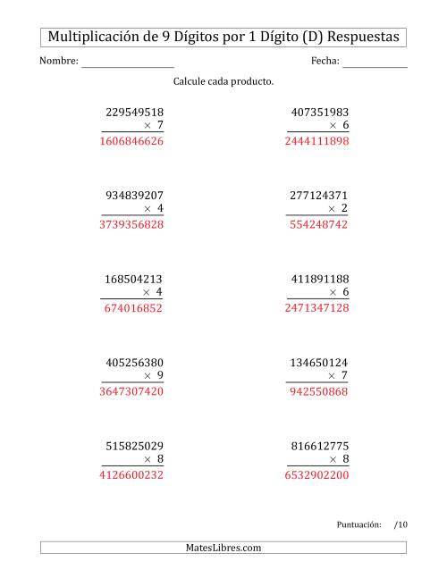 La hoja de ejercicios de Multiplicar Números de 9 Dígitos por 1 Dígito (D) Página 2