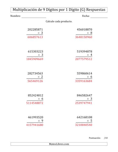 La hoja de ejercicios de Multiplicar Números de 9 Dígitos por 1 Dígito (G) Página 2