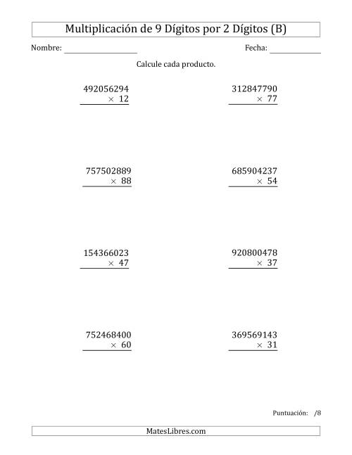 La hoja de ejercicios de Multiplicar Números de 9 Dígitos por 2 Dígitos (B)