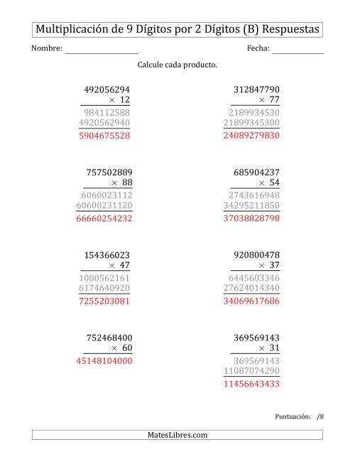 La hoja de ejercicios de Multiplicar Números de 9 Dígitos por 2 Dígitos (B) Página 2