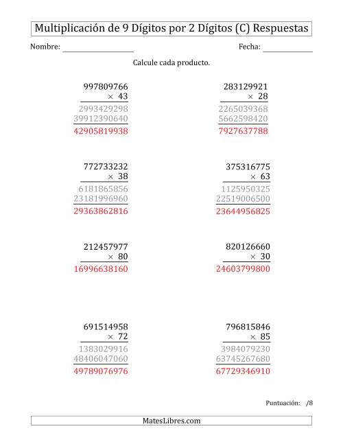 La hoja de ejercicios de Multiplicar Números de 9 Dígitos por 2 Dígitos (C) Página 2