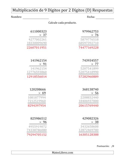 La hoja de ejercicios de Multiplicar Números de 9 Dígitos por 2 Dígitos (D) Página 2
