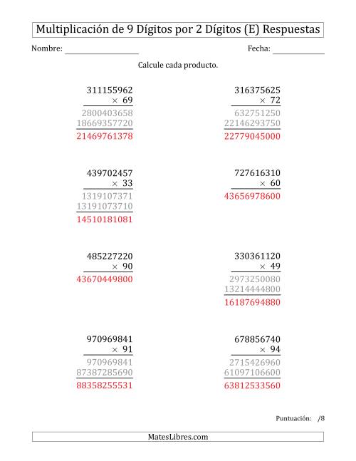 La hoja de ejercicios de Multiplicar Números de 9 Dígitos por 2 Dígitos (E) Página 2