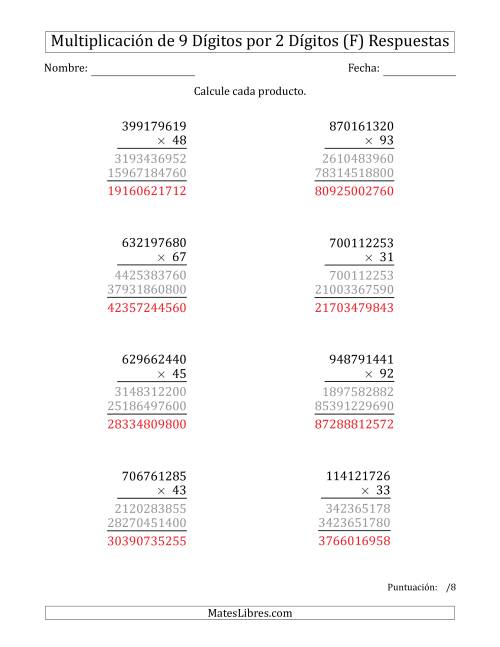 La hoja de ejercicios de Multiplicar Números de 9 Dígitos por 2 Dígitos (F) Página 2