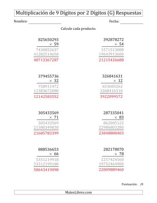 La hoja de ejercicios de Multiplicar Números de 9 Dígitos por 2 Dígitos (G) Página 2